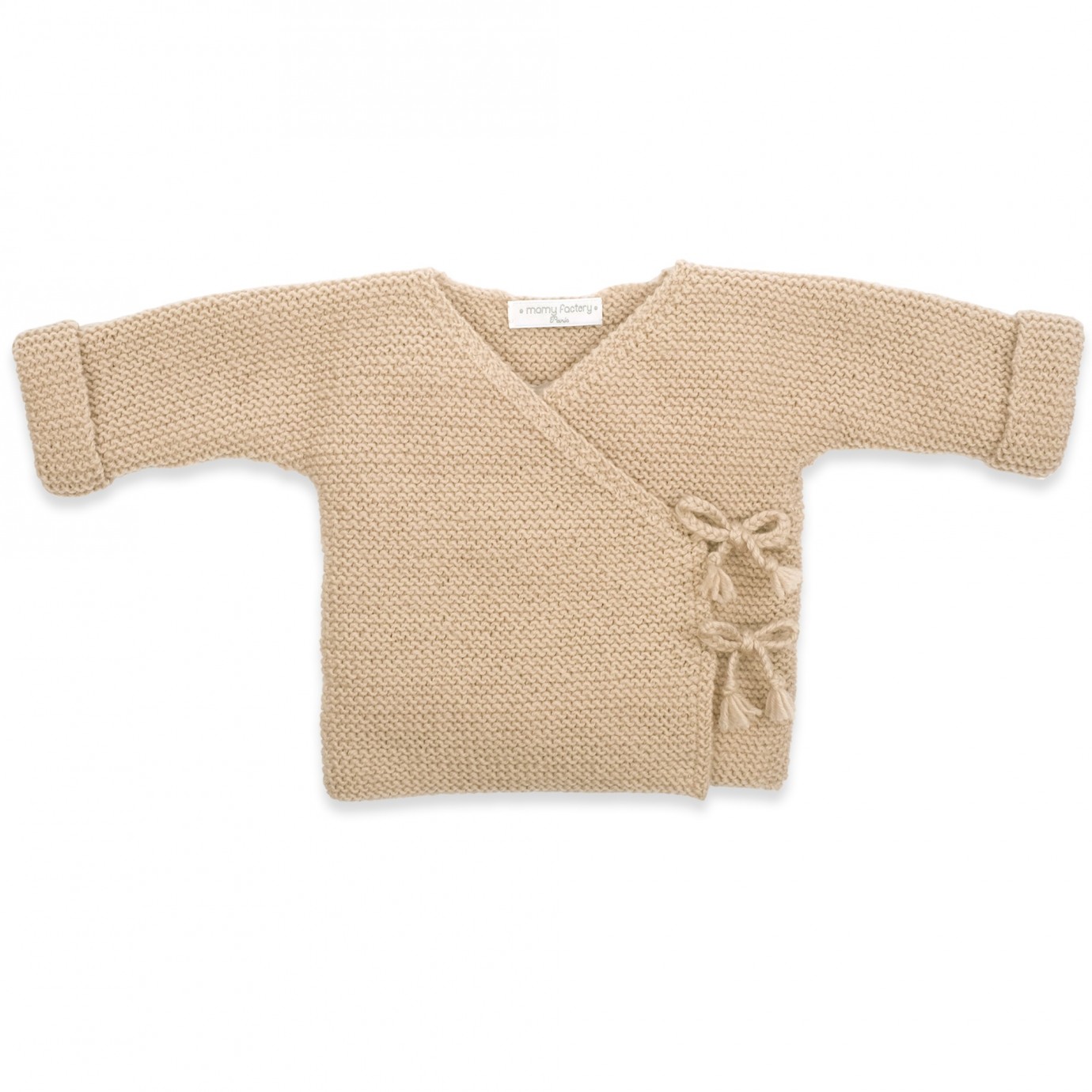 Brassière bébé ecru en laine mérinos tricotée